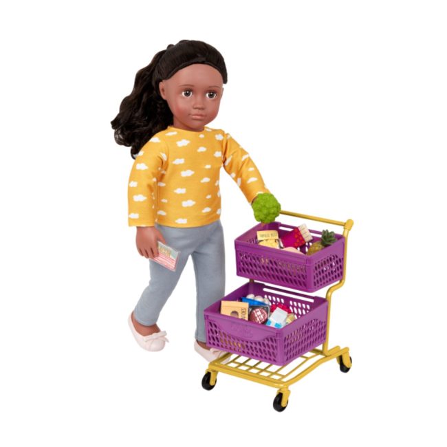 Our Generation Deluxe Shopping Cart with Groceries - Purple and Yellow